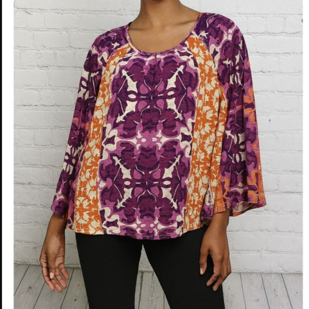 Chico's size XL/3 Purple Orange Abstract Boho Flare Sleeve Stretch Blouse